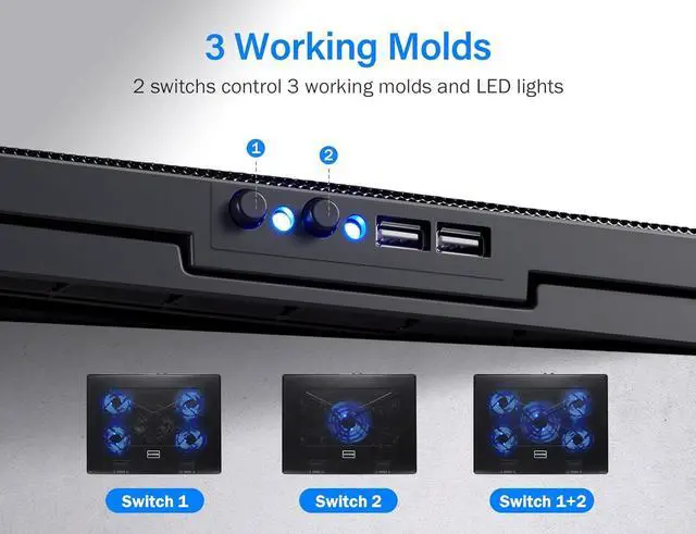 Alt view image 4 of 7 - Kootek Laptop Cooling Pad, Laptop Cooler with 5 Quiet Fans for 12"-17" Computer PC Notebook Gaming Laptop Fan, Height Adjustable Laptop Cooling Stand Laptop Accessories, Blue