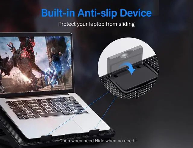 Alt view image 5 of 7 - Kootek Laptop Cooling Pad, Laptop Cooler with 5 Quiet Fans for 12"-17" Computer PC Notebook Gaming Laptop Fan, Height Adjustable Laptop Cooling Stand Laptop Accessories, Blue