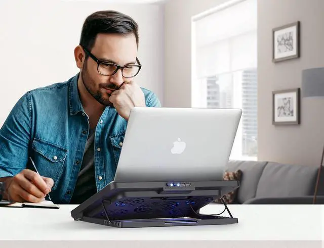 Alt view image 7 of 7 - Kootek Laptop Cooling Pad, Laptop Cooler with 5 Quiet Fans for 12"-17" Computer PC Notebook Gaming Laptop Fan, Height Adjustable Laptop Cooling Stand Laptop Accessories, Blue