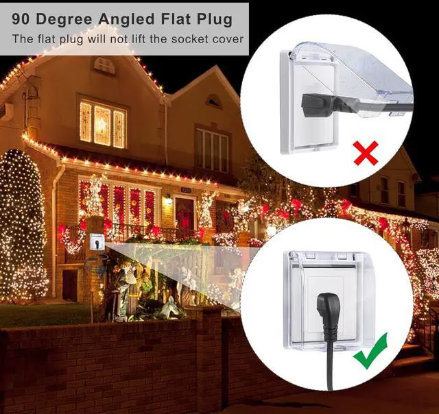 Alt view image 5 of 7 - KUNCAN Outdoor 3-Outlet Power Splitter, 90-Degree Flat Plug 1 to 3 Way Outlet Adapter 1.5FT SJTW 16AWG 3-Prong Power Cord Extension Strip with Outlet Cover for Holiday Decoration String Light(2-Pack)