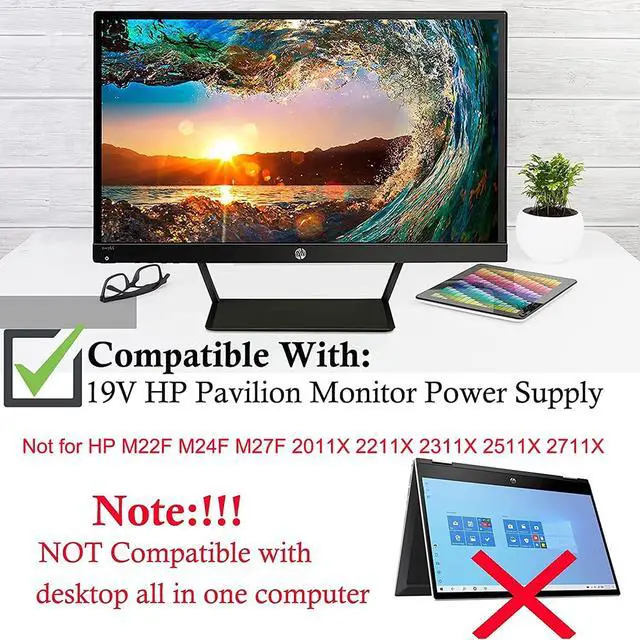 Alt view image 3 of 7 - for HP Monitor Power Cord 27" 25" 23.8" 23" 21.5" 20" 19V Power Supply HP Monitor 27f 24f 22cwa 24m 23er 23es 27eb 32f vh240a 24ea 27 25vx 27es ADPC1945 IPS LED Backlit Full HD Display