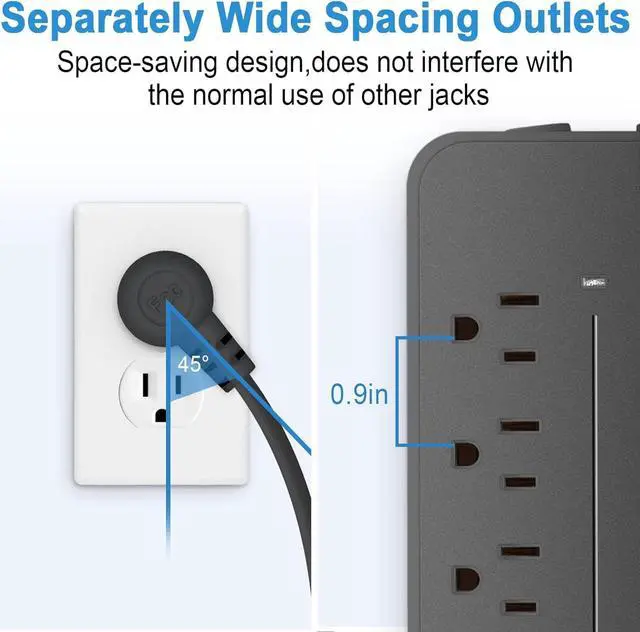 Alt view image 6 of 7 - Extension Cord Surge Protector Power Strip - Flat Plug Braided Power Bar with 8 Widely Outlets and 4 USB Ports(1 USB C), Multi Plug Wall Mount Desk USB Charging Station for Home Office