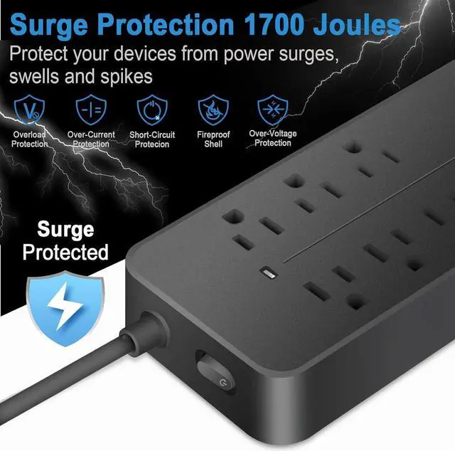 Alt view image 2 of 7 - Extension Cord Surge Protector Power Strip - Flat Plug Braided Power Bar with 8 Widely Outlets and 4 USB Ports(1 USB C), Multi Plug Wall Mount Desk USB Charging Station for Home Office