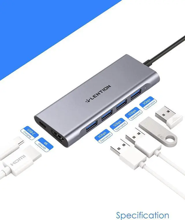 Alt view image 2 of 6 - 3.3FT Long Cable USB C Multiport Hub with 4K HDMI 4 USB 3.0 Type C Charging Compatible 2022-2016 MacBook Pro New Mac Air/iMac/Mac Mini More Stable Driver Adapter (C35-1M Space Gray)
