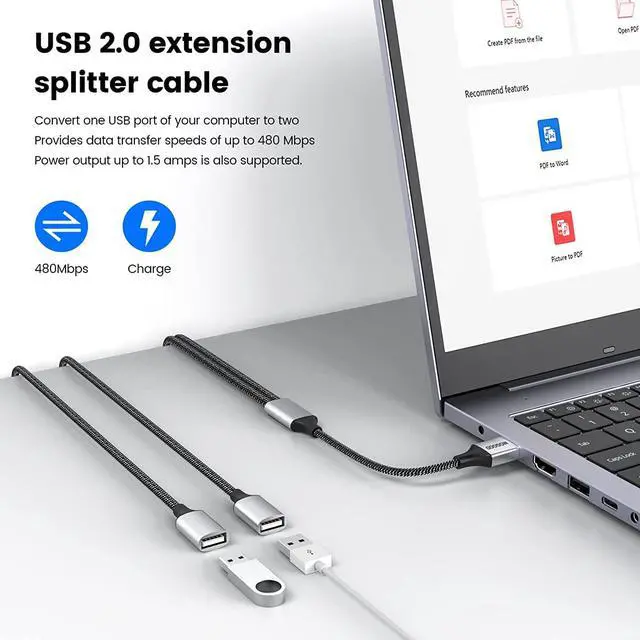 Alt view image 3 of 5 - USB Extension Cable,USB A Male to 2 Female Extension Cord Durable USB Splitter Cable Nylon Braided Fast Data Transfer Compatible with Printer, USB Keyboard, Flash Drive, Hard Drive, Playstation