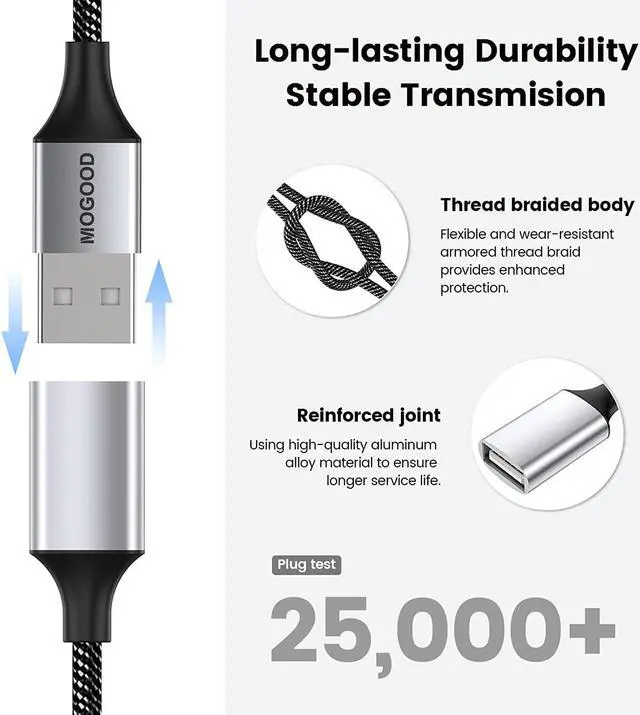Alt view image 5 of 5 - USB Extension Cable,USB A Male to 2 Female Extension Cord Durable USB Splitter Cable Nylon Braided Fast Data Transfer Compatible with Printer, USB Keyboard, Flash Drive, Hard Drive, Playstation