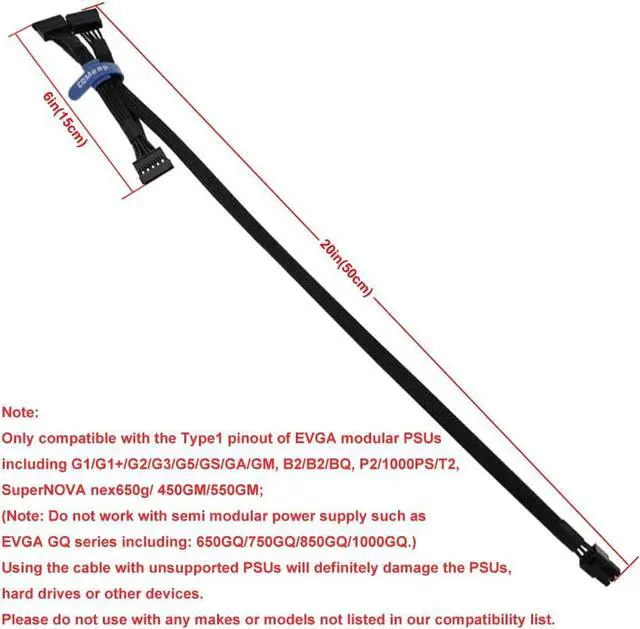 Alt view image 4 of 6 - 6 Pin to 3X 15 Pin SATA Hard Drive Power Adapter Sleeved Cable for Some Specific Types of EVGA Modular PSUs 20-in(50cm)