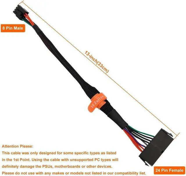 Alt view image 4 of 4 - YEZriler 24 Pin to 8 Pin ATX PSU Power Adapter Sleeved Cable for DELL Optiplex 3020 5040 7020 9020 Precision T1700 13-inch(33cm)