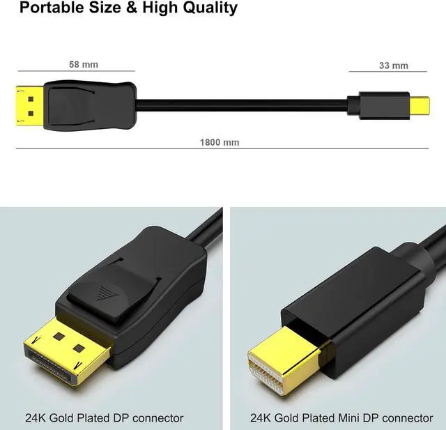 Alt view image 6 of 7 - BENFEI 2 Pack Mini DisplayPort to DisplayPort 6 Feet Cable 4K@60Hz 2K@144Hz, Mini DP(Thunderbolt Compatible) to DP Cable (Male to Male) Gold-Plated Cord