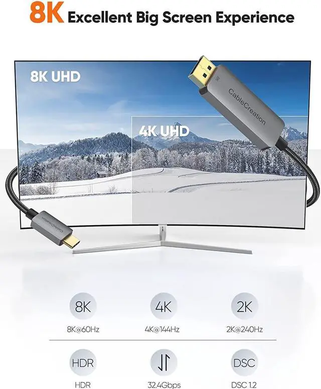 Alt view image 2 of 7 - CableCreation 8K USB C to DisplayPort Cable 6FT [HDR, 8K@60Hz, 4K@144Hz, 2K@240Hz] Type C Cable to DP 1.4 Compatible with Thunderbolt 3/4, iPhone 16 15 Pro Max Plus MacBook Pro/Air iPad XPS Galaxy S24