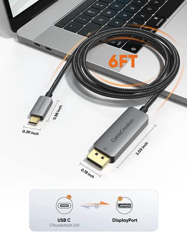 Alt view image 7 of 7 - CableCreation 8K USB C to DisplayPort Cable 6FT [HDR, 8K@60Hz, 4K@144Hz, 2K@240Hz] Type C Cable to DP 1.4 Compatible with Thunderbolt 3/4, iPhone 16 15 Pro Max Plus MacBook Pro/Air iPad XPS Galaxy S24