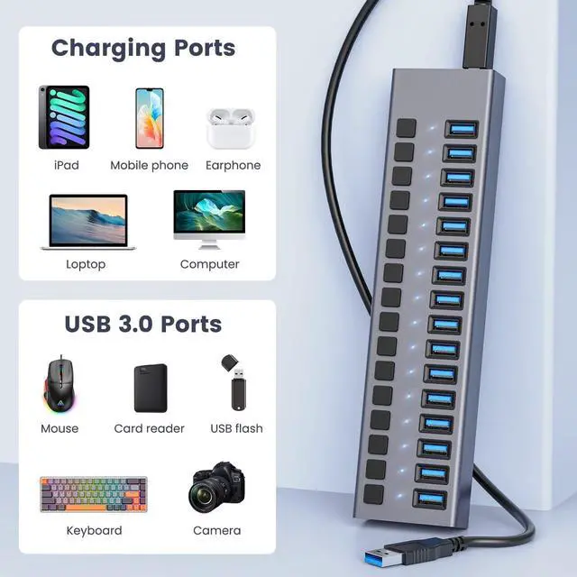 Alt view image 6 of 7 - Powered USB Hub - ACASIS 16 Ports 90W USB 3.0 Data Port, Individual On/Off Switches, 12V/7.5A Power Adapter, 5Gbps High Speed, USB 3.0 Hub for Laptop, PC, Computer, Mobile HDD, Flash Drive