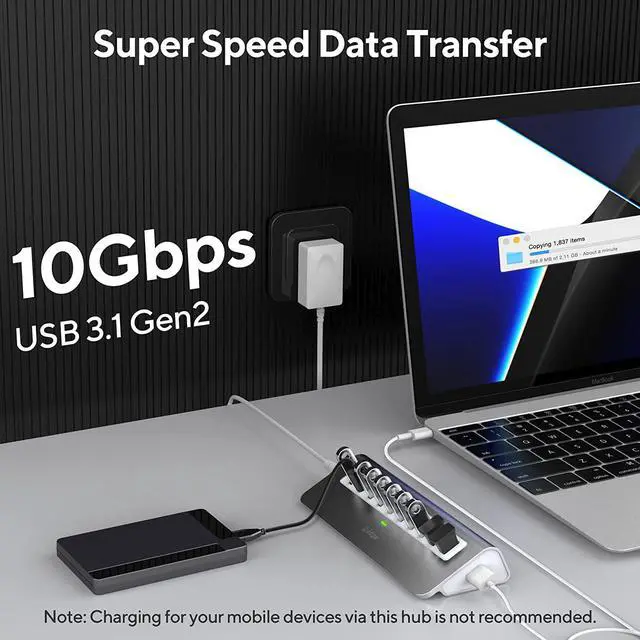 Alt view image 2 of 6 - Powered USB Hub 10Gbps 10 Port USB 3.1 Hub with 30W(12V/2.5A) Power Adapter USB Type A and Type C Cable Aluminum USB Port Hub for Laptop MacBook and Desktop Computer