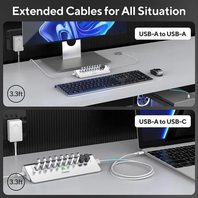 Alt view image 5 of 6 - Powered USB Hub 10Gbps 10 Port USB 3.1 Hub with 30W(12V/2.5A) Power Adapter USB Type A and Type C Cable Aluminum USB Port Hub for Laptop MacBook and Desktop Computer