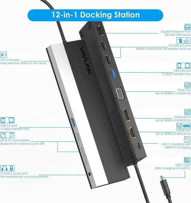 Alt view image 2 of 7 - Docking Station Dual Monitor, WAVLINK 14-in-1 Aluminum USB-C/A Laptop Dock with 2x5K HDMI,2x5K DP,1000Mbps Ethernet,6 USB 3.0,Audio&Mic,for Mac M1/M2/,Dell,h P,Surface Pro