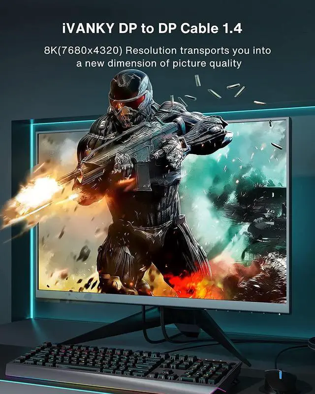 Alt view image 2 of 7 - IVANKY 8K DisplayPort Cable 1.4 3ft, Short DP Cable 3.3ft, [8K@60Hz, 4K@144Hz, 1080P@240Hz], Support HBR3, 32.4Gbps, HDCP 2.2, HDR, Compatible for Gaming Monitor, TV, PC, Laptop, 3090 Graphics .etc