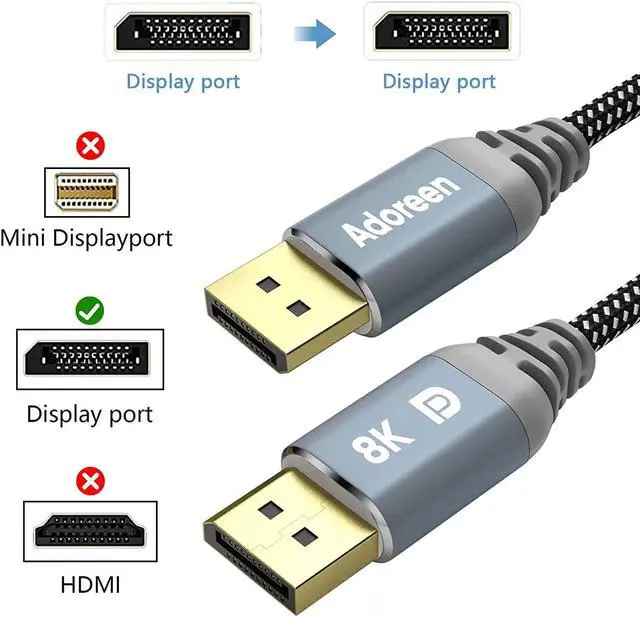 Alt view image 4 of 6 - 8K DisplayPort 1.4 Cable 12 Feet DP Cord From 1.5-30FT (8K@60Hz 4K@144Hz 1080P@240Hz 2K 32.4Gbps) HBR3 HDCP HDR FreeSync G-Sync Braided Display Port for Monitor 3090 Graphics + 5 Ties-NOT HDMI