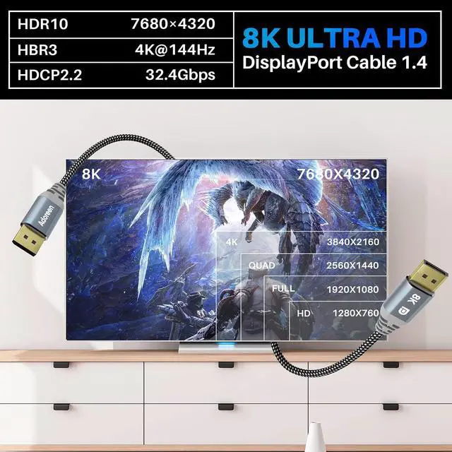 Alt view image 3 of 6 - 8K DisplayPort 1.4 Cable 12 Feet DP Cord From 1.5-30FT (8K@60Hz 4K@144Hz 1080P@240Hz 2K 32.4Gbps) HBR3 HDCP HDR FreeSync G-Sync Braided Display Port for Monitor 3090 Graphics + 5 Ties-NOT HDMI