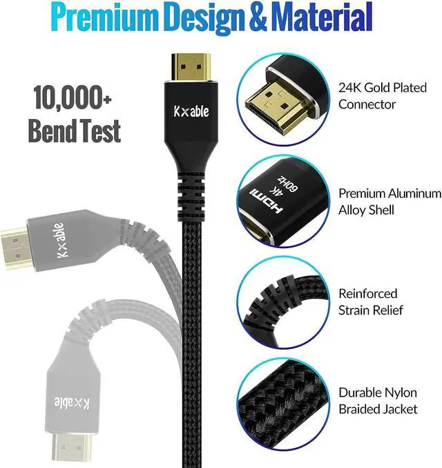 Alt view image 3 of 7 - 4K HDMI Cable 6 Feet (3 Pack) Ultra HD HDMI 2.0 Cable Nylon Braided & Gold-Plated Connectors 4K @ 60Hz 2K 1080P HDCP 2.2 ARC Bulk HDMI Cables for Laptop Monitors HDTV PS5 Xbox One & More