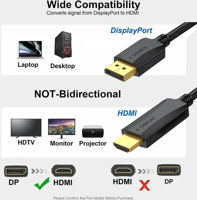 Alt view image 2 of 7 - Thin DisplayPort to HDMI Cable 3ft 2-Pack 4K Display Port DP to HDMI Cable Adapter Male Cord Gold-Plated Braided UHD(4K 2K 1080P) Supports Video and Audio Converts Signal for DP to HDMI Monitor