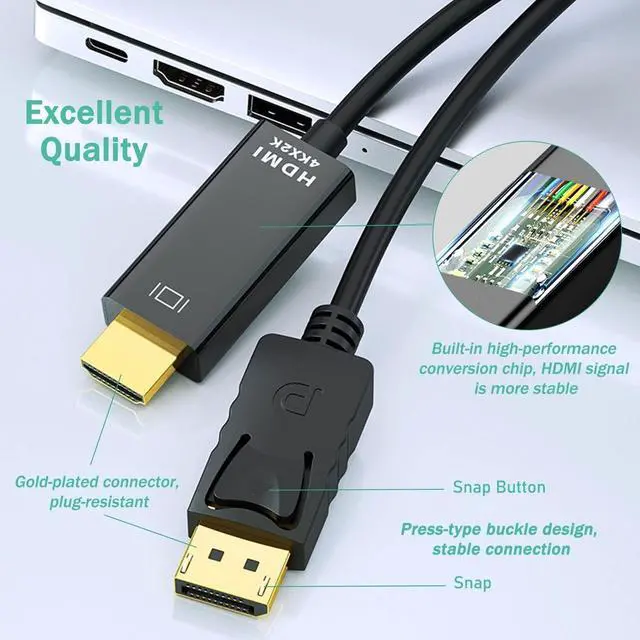 Alt view image 3 of 7 - 4K DisplayPort to HDMI Cable Adapter 6FT High Speed (1440P 60Hz 1080P 120Hz) Uni-Directional DP to HDMI Cord Compatible for  HP Insignia  and Other Brand