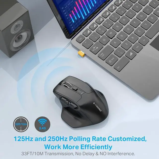 Alt view image 5 of 7 - E-YOOSO Large Wireless Mouse for Big Hands, X-31 Cordless Ergo Computer Mouse, 6 Buttons, 5-Level 4800 DPI, 18 Months Battery Life, for Laptop, PC, Chromebook (Black)