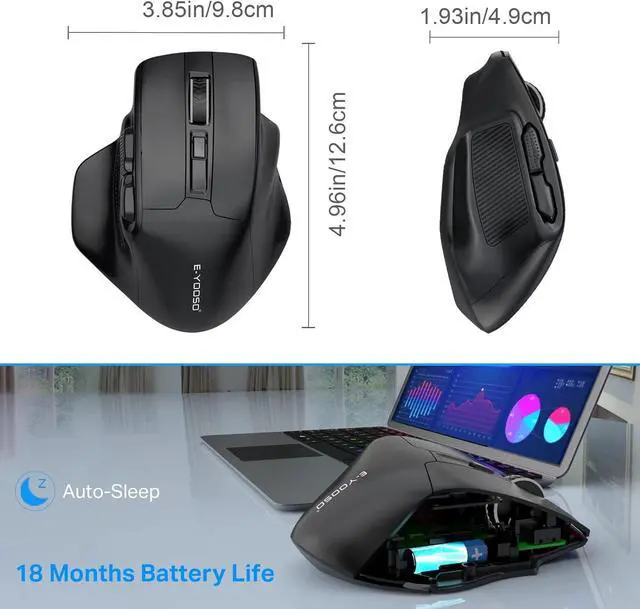 Alt view image 6 of 7 - E-YOOSO Large Wireless Mouse for Big Hands, X-31 Cordless Ergo Computer Mouse, 6 Buttons, 5-Level 4800 DPI, 18 Months Battery Life, for Laptop, PC, Chromebook (Black)