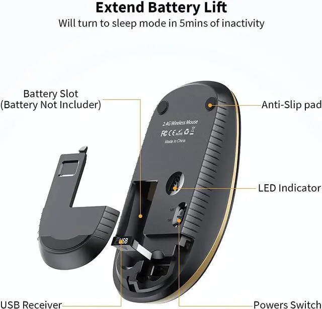 Alt view image 5 of 7 - Silent Wireless Mouse 2.4G Slim Travel Mouse with USB Receiver Quiet Click Protable Computer Mice for Laptop PC Mac Comfortable Texture Black & Gold