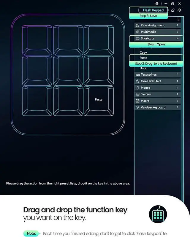 Alt view image 4 of 7 - Vaydeer One-Handed Mechanical Keyboard Support NKRO, Hotkeys, One-Click Start,9 Fully Programmable Keys with Floating Window and Macro Multifunctional Keypad Compatible with iOS,Windows