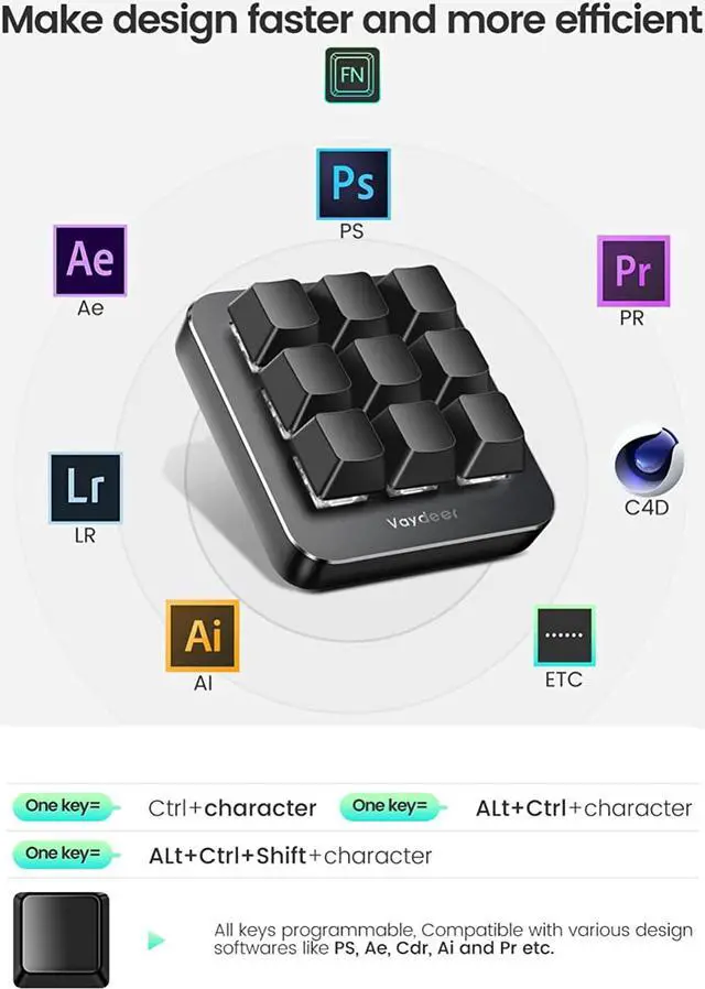 Alt view image 6 of 7 - Vaydeer One-Handed Mechanical Keyboard Support NKRO, Hotkeys, One-Click Start,9 Fully Programmable Keys with Floating Window and Macro Multifunctional Keypad Compatible with iOS,Windows
