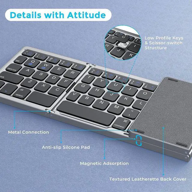 Alt view image 7 of 7 - Foldable Bluetooth Keyboard for Travel Tri-Folding Wireless Portable Keyboard with Touchpad Rechargeable Multi-Device Small Keyboard for Laptop Tablet PC Smartphone Windows iOS Android