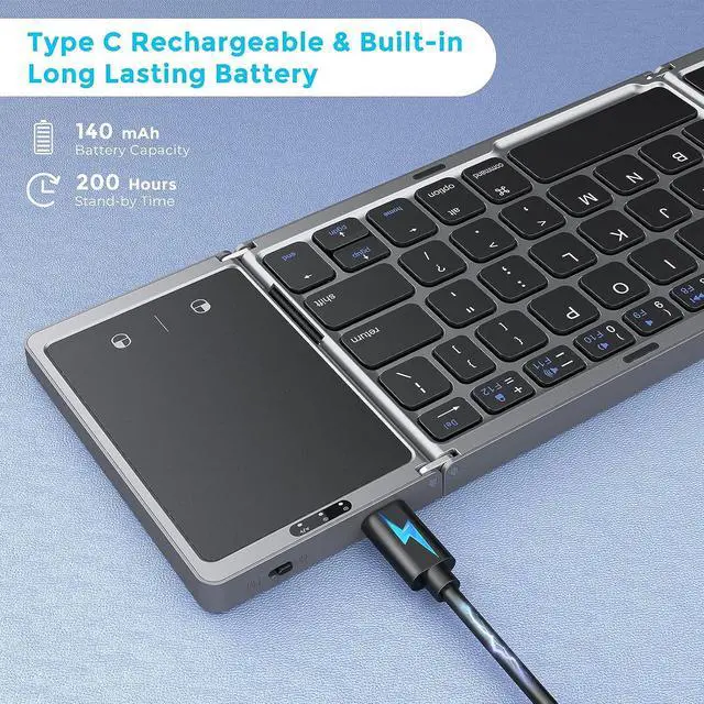 Alt view image 6 of 7 - Foldable Bluetooth Keyboard for Travel Tri-Folding Wireless Portable Keyboard with Touchpad Rechargeable Multi-Device Small Keyboard for Laptop Tablet PC Smartphone Windows iOS Android