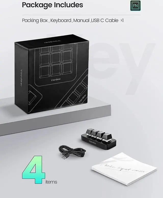 Alt view image 7 of 7 - Vaydeer 4 Fully Programmable Keys with Floating Window and Macro Multifunctional Keypad, One-Handed Mechanical Keyboard Support NKRO, Hotkeys, One-Click Start, Compatible with iOS,Windows