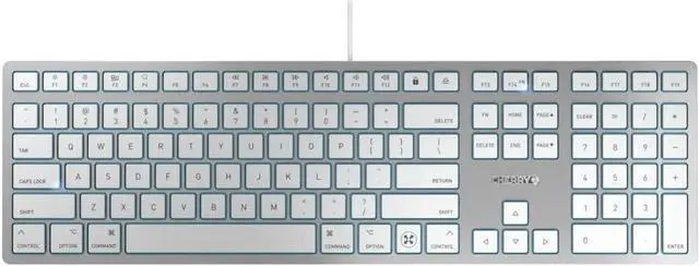 Main image of Cherry KC 6000 C Slim Keyboard Made with Mac Layout. Scissor Tech Typing for Near Silent. Alternative to Magic Keyboards. USB-C Wired. US Layout White and Silver.