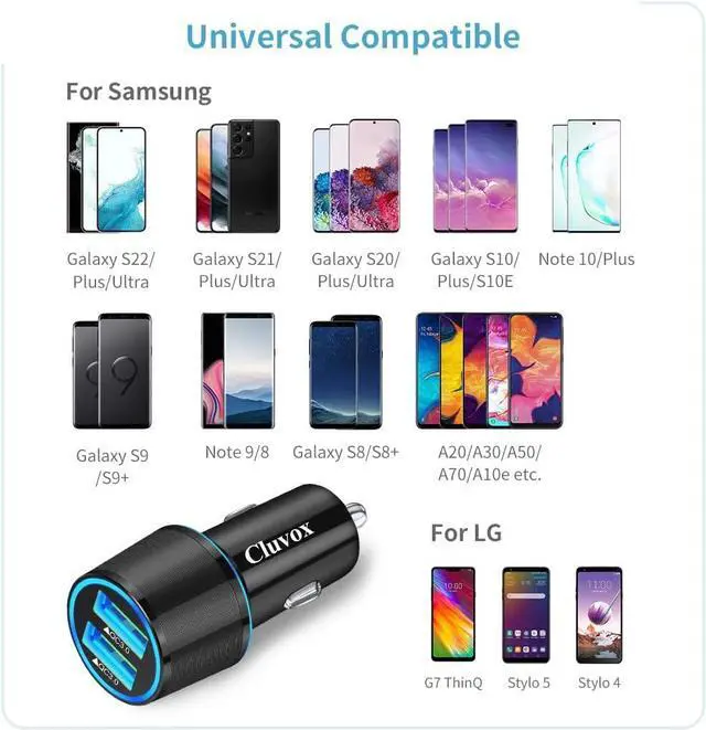 Alt view image 4 of 7 - Fast USB Car Charger for  Galaxy A55/A54/A53/A50/A15/A14/S25/S24/S23/S22/S21 Plus/Ultra/S10/S9/S8/Note 20/A10S/A21/A31/A51 Quick Charge 3.0 Dual USB Rapid Car Charger with Type C Cable 3.3ft