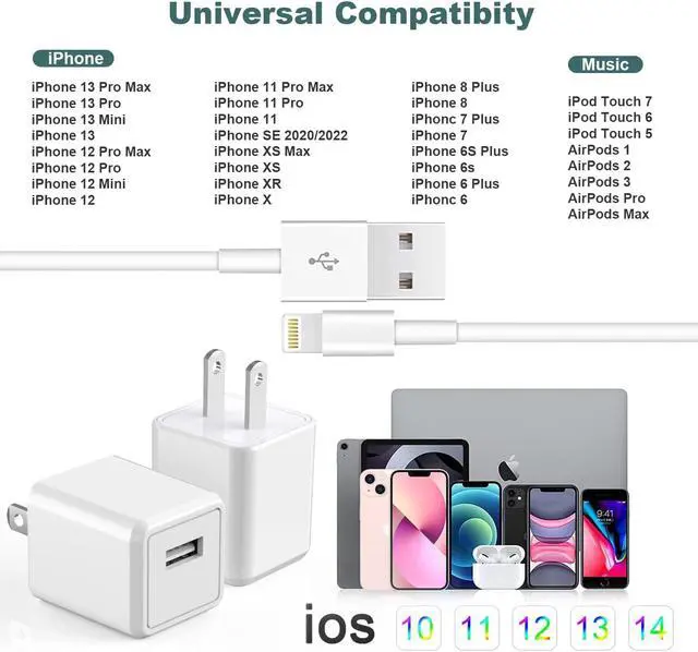 Alt view image 7 of 7 - iPhone Charger Cube iPhone Charger Travel 2Pack 6FT Lightning Cable Cord Quick Fast Charging Cord USB Wall Chargers Travel Plug Adapter for iPhone14/13/12/11/10/X/8 Plus/XR/XS Max/7/SE/iPad Airpods