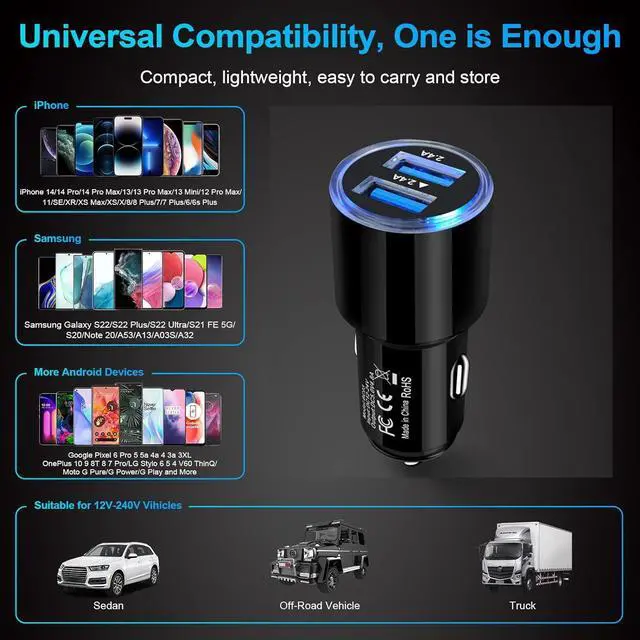 Alt view image 7 of 7 - Car Charger Adapter, 5Pack 4.8A Dual Port Fast Charge Car Phone Charger USB Lighter Plug Cigarette Charger for iPhone 16e 16 15 14 13 12 11 Pro Max SE XR XS X 8 7 6,Samsung Galaxy S25 S24 S23 S22 S21