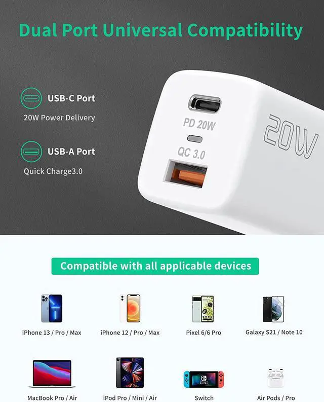 Alt view image 6 of 7 - USB C Wall Charger Fast Charger Block, 2-Pack TI-TOO 20W Dual Port Power Adapter, Quick Charge 3.0 USB Type c Power Delivery Charging Plug Compatible with iPhone 14 Pro Max/14 Plus/13 Pro/13/12