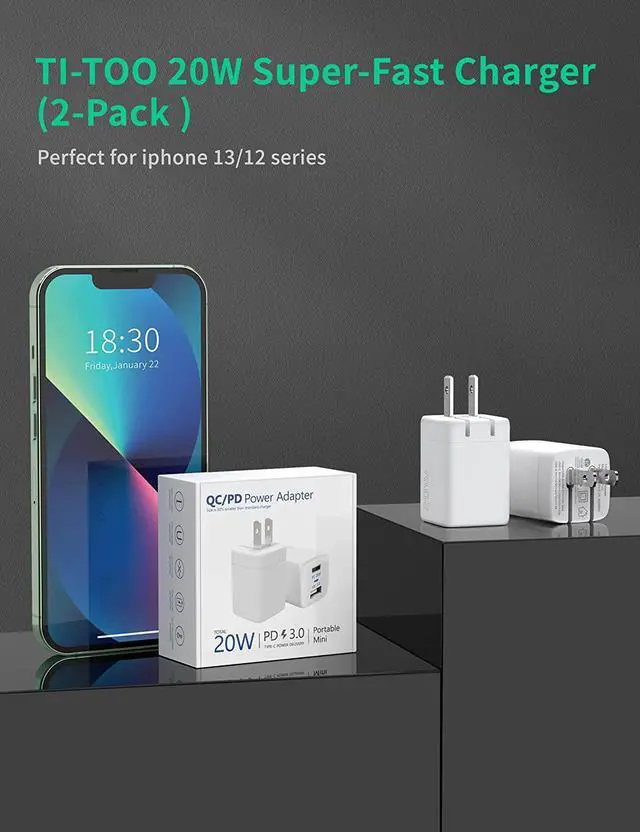 Alt view image 7 of 7 - USB C Wall Charger Fast Charger Block, 2-Pack TI-TOO 20W Dual Port Power Adapter, Quick Charge 3.0 USB Type c Power Delivery Charging Plug Compatible with iPhone 14 Pro Max/14 Plus/13 Pro/13/12
