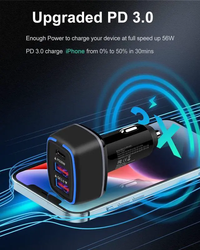 Alt view image 3 of 7 - 56W PD USB C Car Charger Type-C Super Fast Power Charging Block 3-Port USB A & USBC Auto Cargador Carro Lighter Adapter for iPhone iPad  Galaxy LG Google Pixel Moto USB-C&A Port