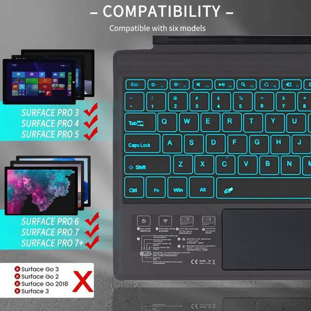 Alt view image 2 of 7 - Surface Pro 7 Wireless Bluetooth Keyboard with Touchpad 7 Color Backlit Rechargeable Battery Detachable Magnetic Keyboard for Microsoft Surface Pro 4/5/6/7/7+