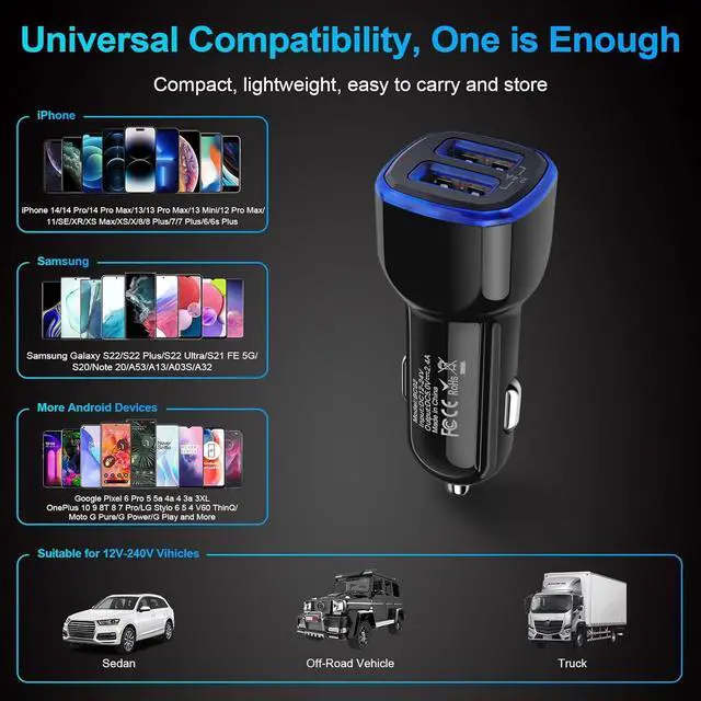 Alt view image 7 of 7 - Car Charger for iPhone, 3Pack 2.4A Dual Port Fast Charge Car Lighter USB Adapter Car Plug Charger for iPhone 15 14 13 12 11 Pro Max SE XR XS X 8 7 6,Samsung Galaxy S23 S22 S21 S20 S10 S9 S8 S7,Android