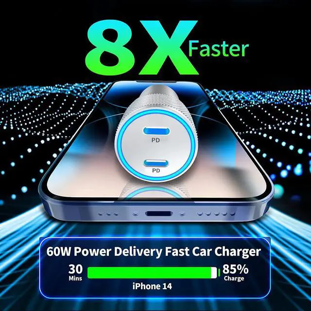 Alt view image 3 of 7 - [ MFi Certified] iPhone Car Charger 60W Dual PD USB-C Poewr Cigarette Lighter USB-C Car Carplay Fast Charger + 2Pack Type-C to Lightning Cable for iPhone 14 13 12 11 Pro XS XR X SE iPad