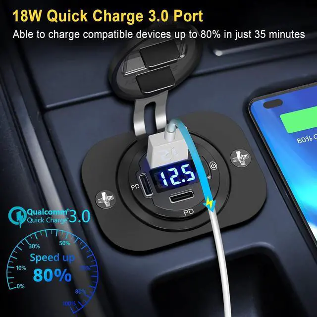 Alt view image 3 of 7 - USB C Car Charger Socket 12V USB Outlet 2 Pack: Aluminum Metal 78W Dual USB-C PD 30W and 18W QC3.0 Port Multi USB Charger Outlet with LED Voltmeter Power Switch for RV Motorcycle Boat Marine