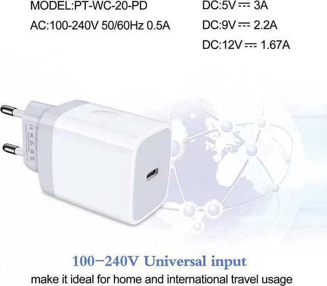 Alt view image 3 of 7 - European Charger 2Pack EU Fast 20W USB C Charger Block Travel Plug PD Power Adapter for iPhone 16e/16/16 Pro/16 Pro Max/16 Plus/15/15 Pro/14/14 Pro/13 Pro Max/13/12/Mini/XS/XR/X/8/SE, Samsung, Android