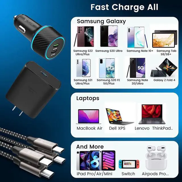 Alt view image 4 of 7 - S23 S24 Ultra Charger Type C, SCRUAK 45W PPS Super Fast USB-C Wall/Car Charger for Samsung Galaxy S24 Ultra/S24+/S24/S23 Ultra/S23+/S23/S22/S20/Note 20/Note 10+(with 2X 3.3FT 5A Type C Cable)