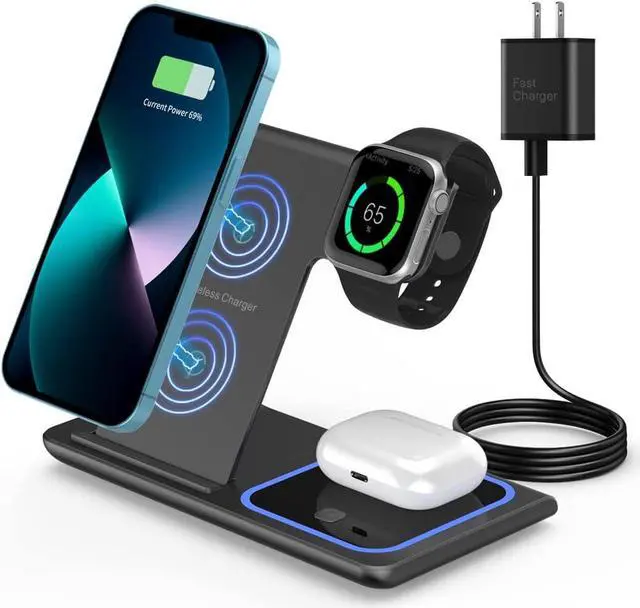 Main image of 3 in 1 Wireless Charger Station for iPhone, iWatch, AirPods - Charges iPhone 13/12/11 Pro/Pro Max, iWatch 7/6/SE/5/4/3/2, AirPods 3/2/Pro