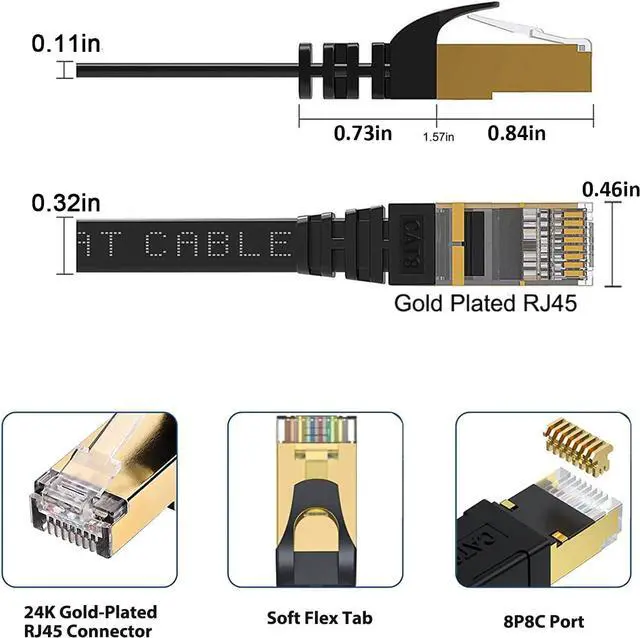 Alt view image 4 of 7 - BUSOHE Cat 8 Ethernet Cable 25 FT, 40Gbps 2000MHz Cat8 High Speed Flat Internet Network Patch Cord, SFTP Shielded LAN Wire with Gold Plated RJ45 Connector for Outdoor&Indoor, with Clips- 25FT Black
