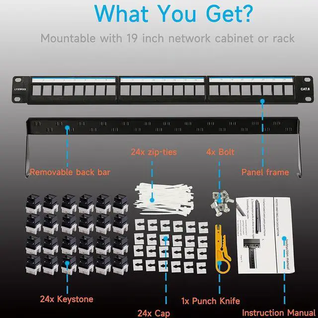 Alt view image 7 of 7 - Cat6 Patch Panel 24 Port with Keystone, RJ45 Network Panel 19 Inch, Punch Down Keystone Ethernet Patch Panel with Back Bar
