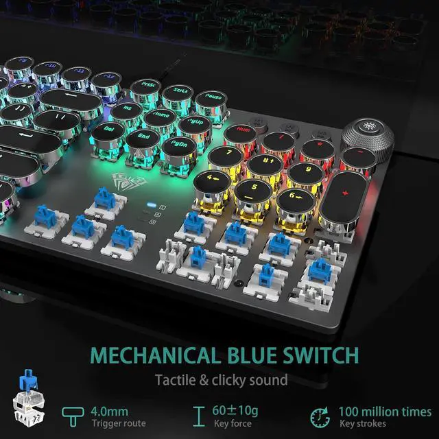 Alt view image 5 of 7 - F2088 Typewriter Style Mechanical Gaming Keyboard Blue Switches,Rainbow LED Backlit,Removable Wrist Rest,Media Control Knob,Retro Punk Round Keycaps,USB Wired Computer Keyboard